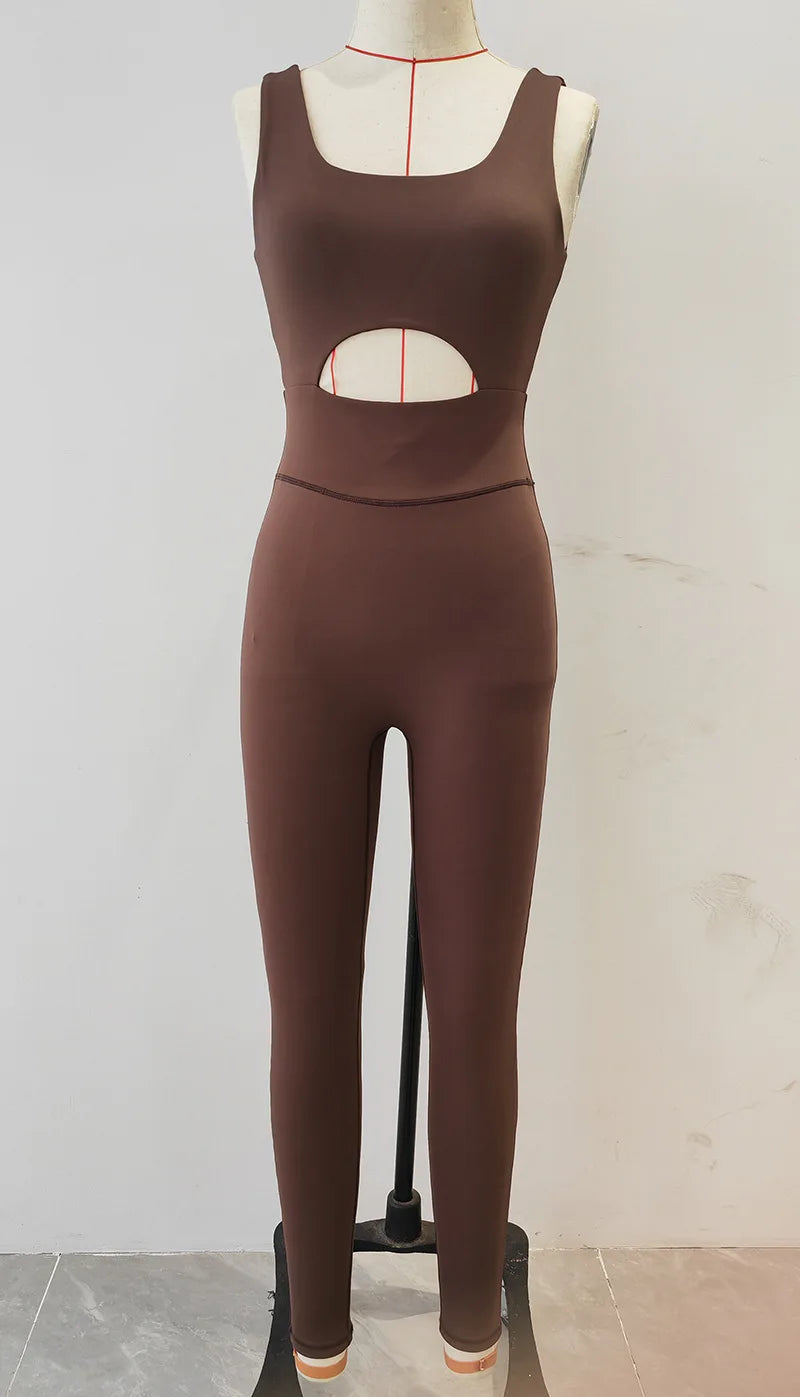 Women's Nylon Blend Workout Jumpsuit with Front Keyhole and Low V Back