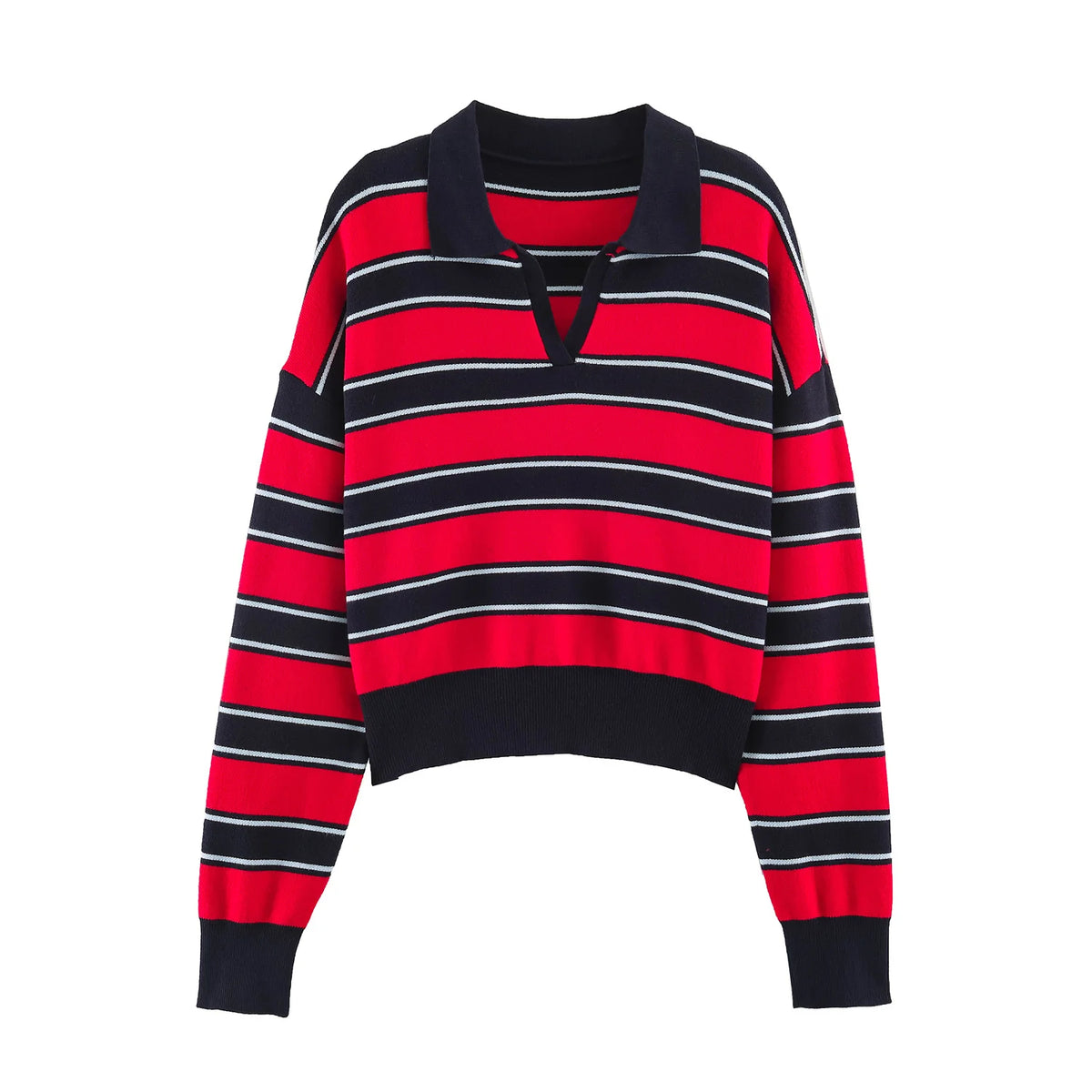 Women's Striped Polo Collar Loose Fit Sweater Casual Knit Layer