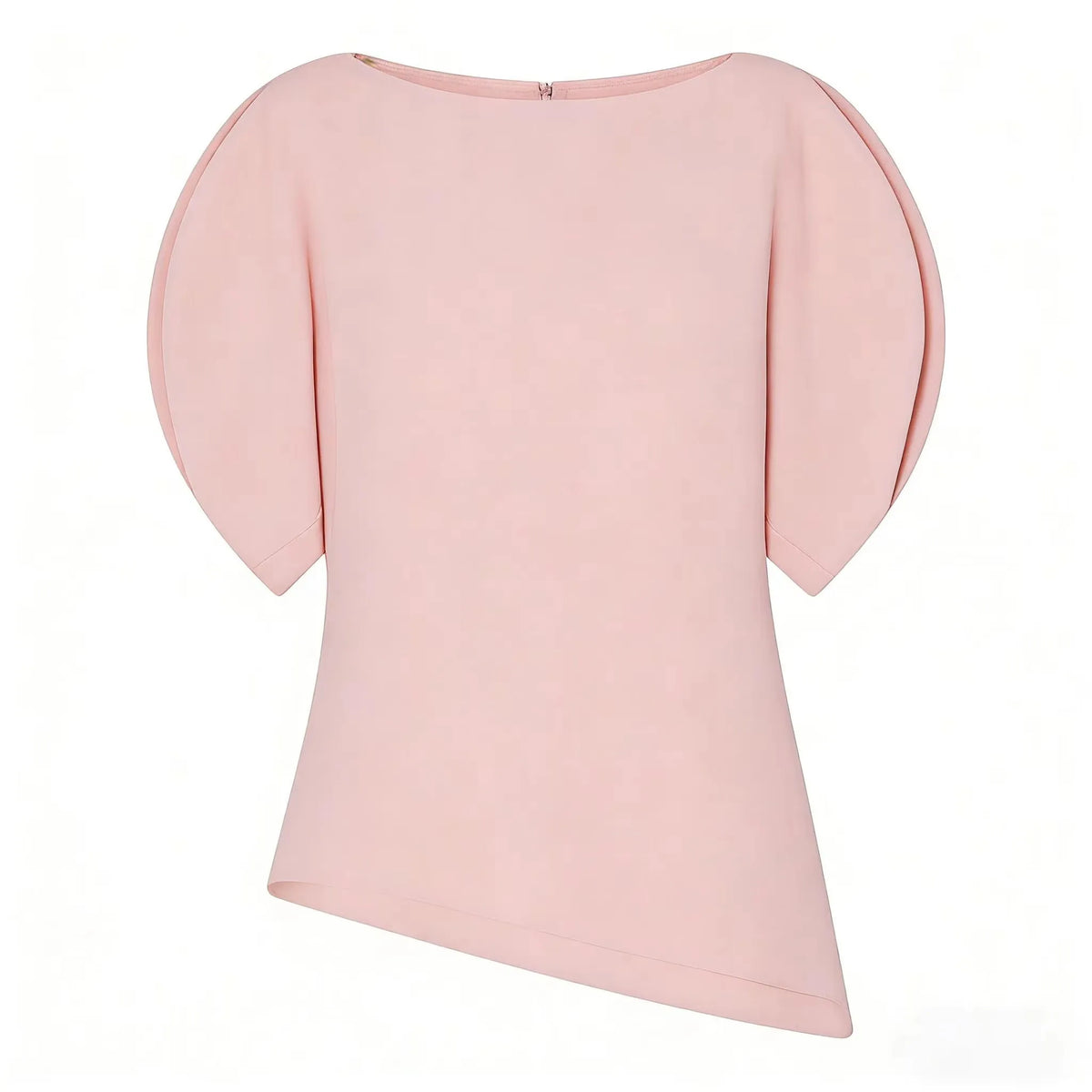 Women's Round Neck Blouse with Short Puff Sleeves and an Asymmetric Hem