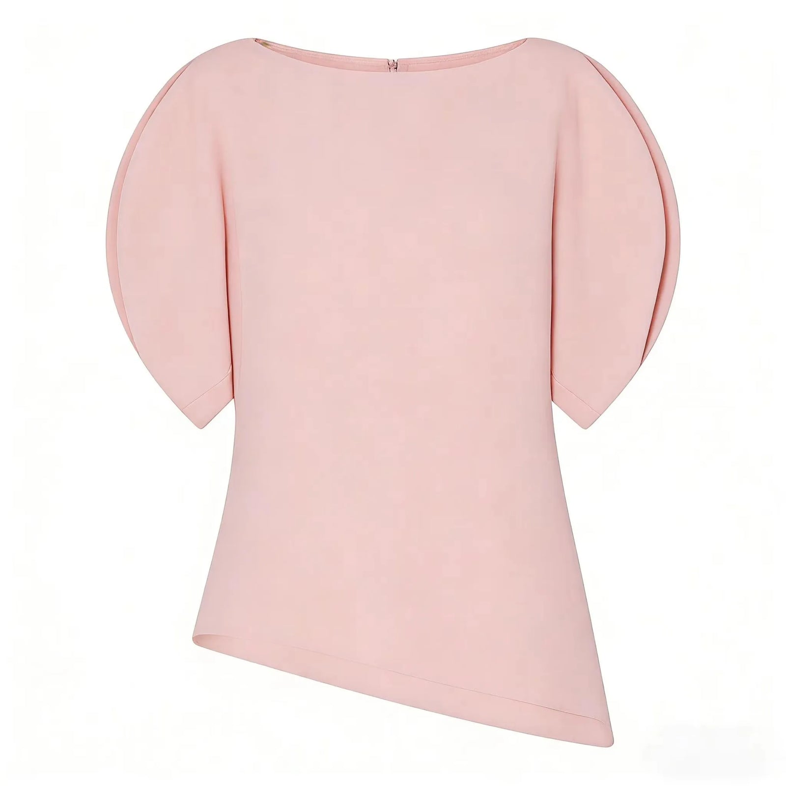 Women's Round Neck Blouse with Short Puff Sleeves and an Asymmetric Hem