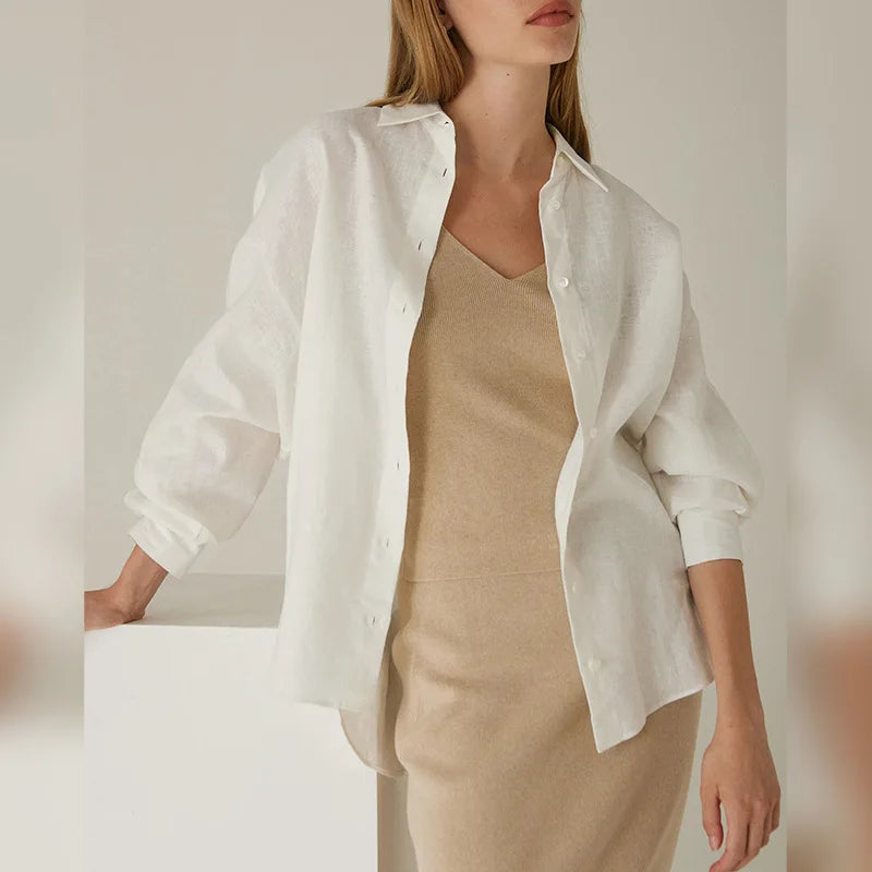 Women's Linen Long-Sleeve Button-Up Shirt with Loose Fit for Casual Everyday Outfits