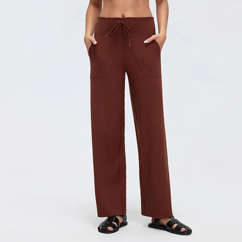 Women's Drawstring Waist Nylon Blend Wide Leg Pants with Length Options