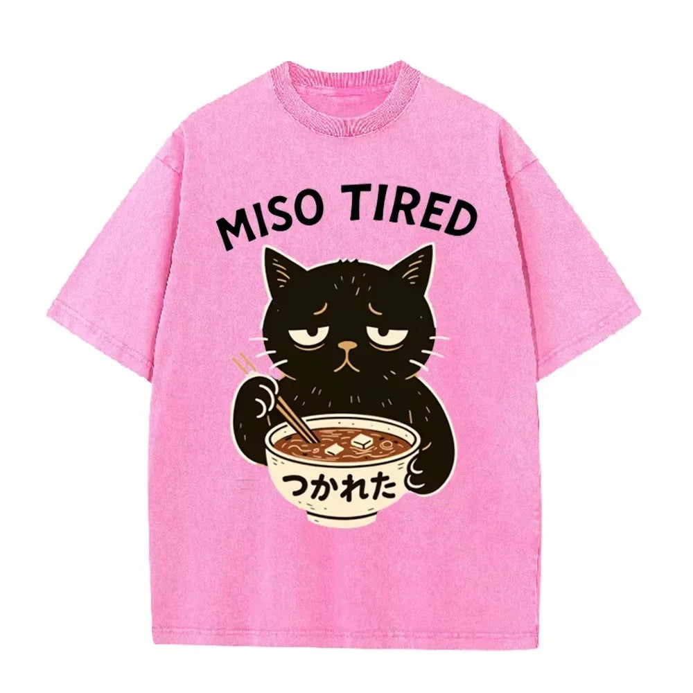 Vintage Washed Purple Miso Tired Black Cat Miso Soup Casual T Shirt