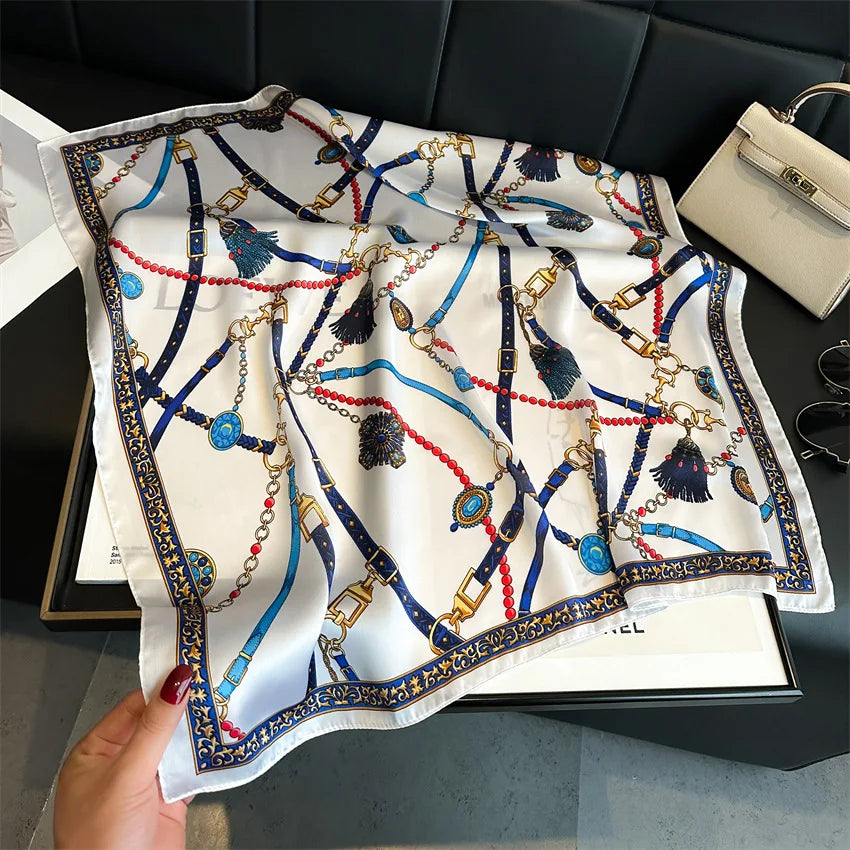 Chain Print Square Scarf with Decorative Border Designs