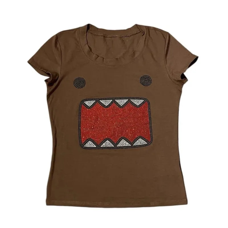 Women's Cartoon Monster Print Polyester Blend Crop T Shirt with Short Sleeves
