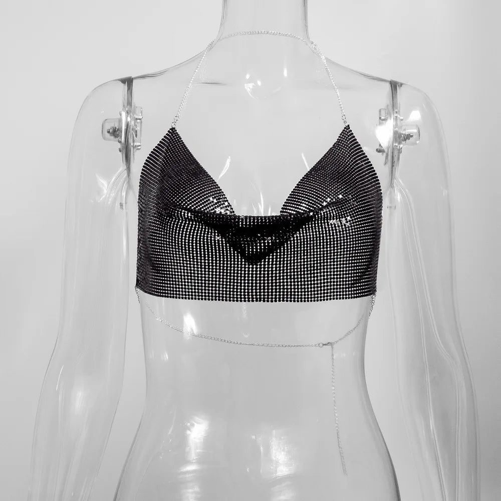 Women's Metallic Chain Mesh Halter Crop Top with Draped Neckline