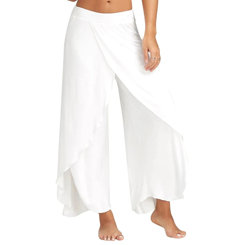 Women's Side Split Polyester Rayon Palazzo Pants with Flowing Wide Legs