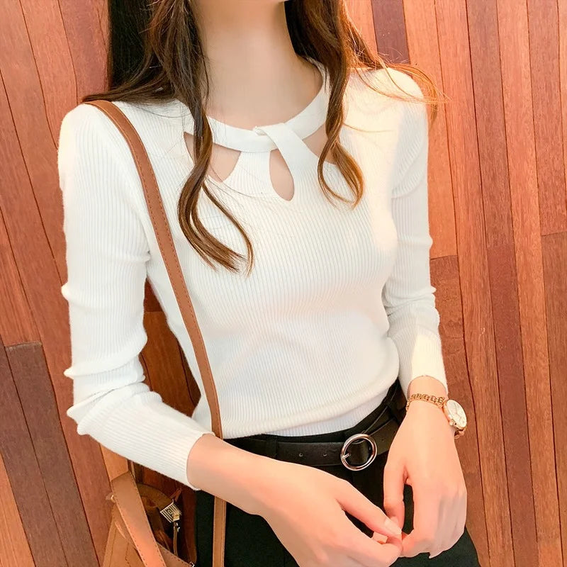 Women's Bow Keyhole Long Sleeve Sweater Casual Knit Layer
