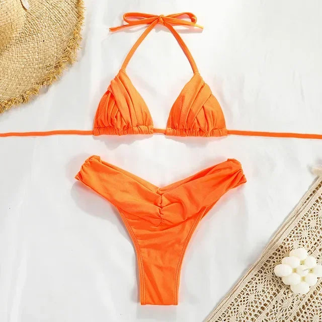 Strappy Solid Color Bikini