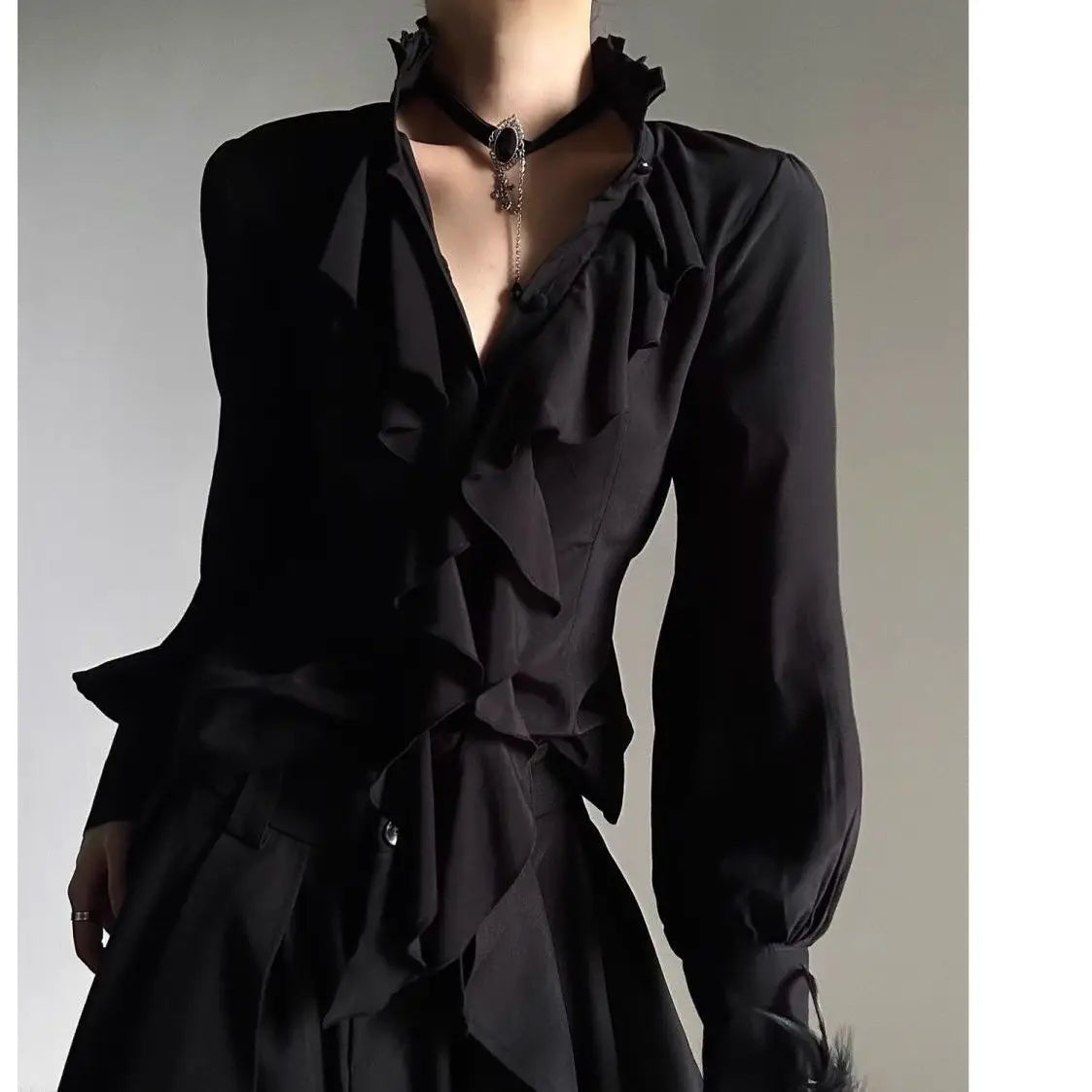 Women's Ruffled Stand Collar Long Sleeve Blouse