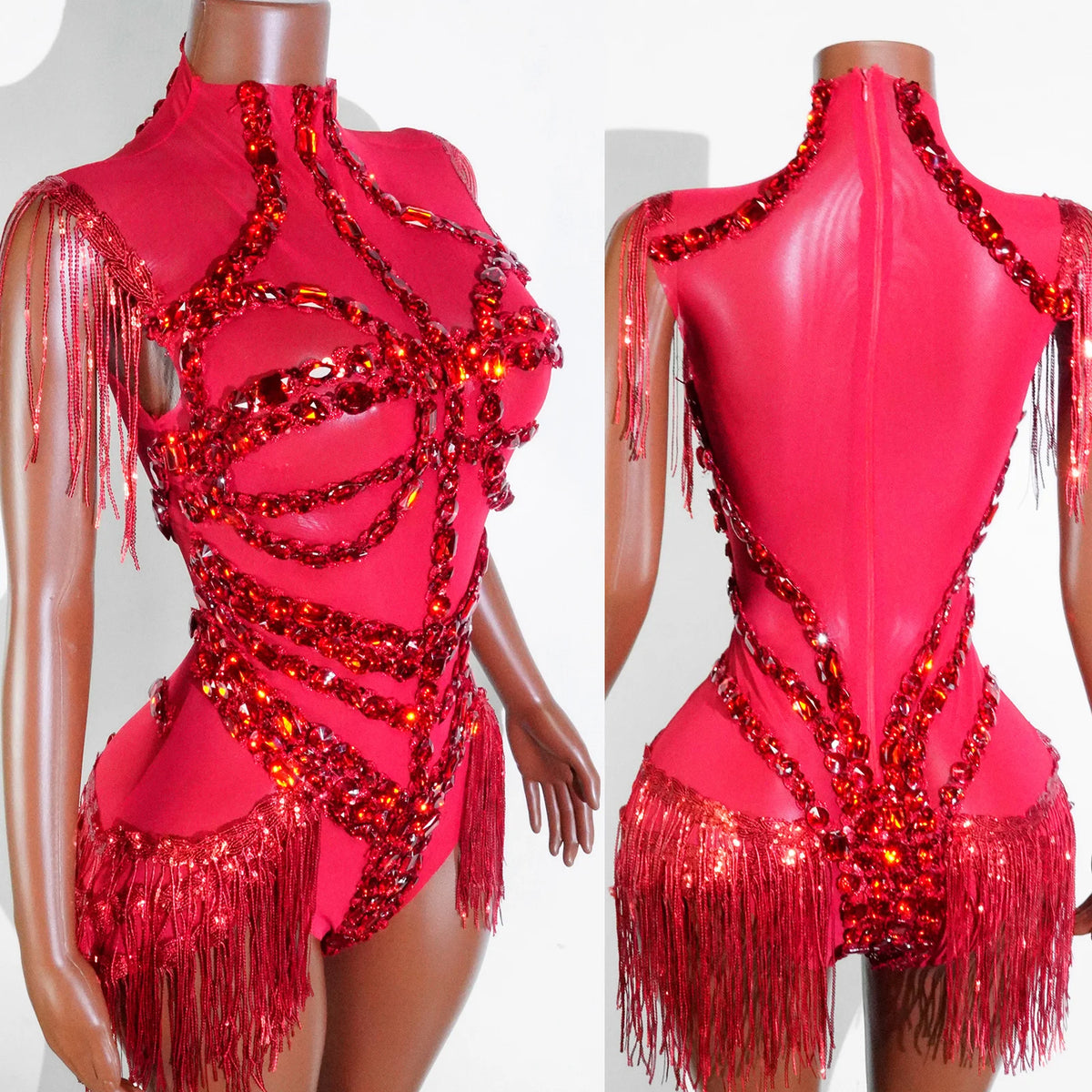 Women's Rhinestone Fringe Mesh Dance Bodysuit for Stage Costume Outfits