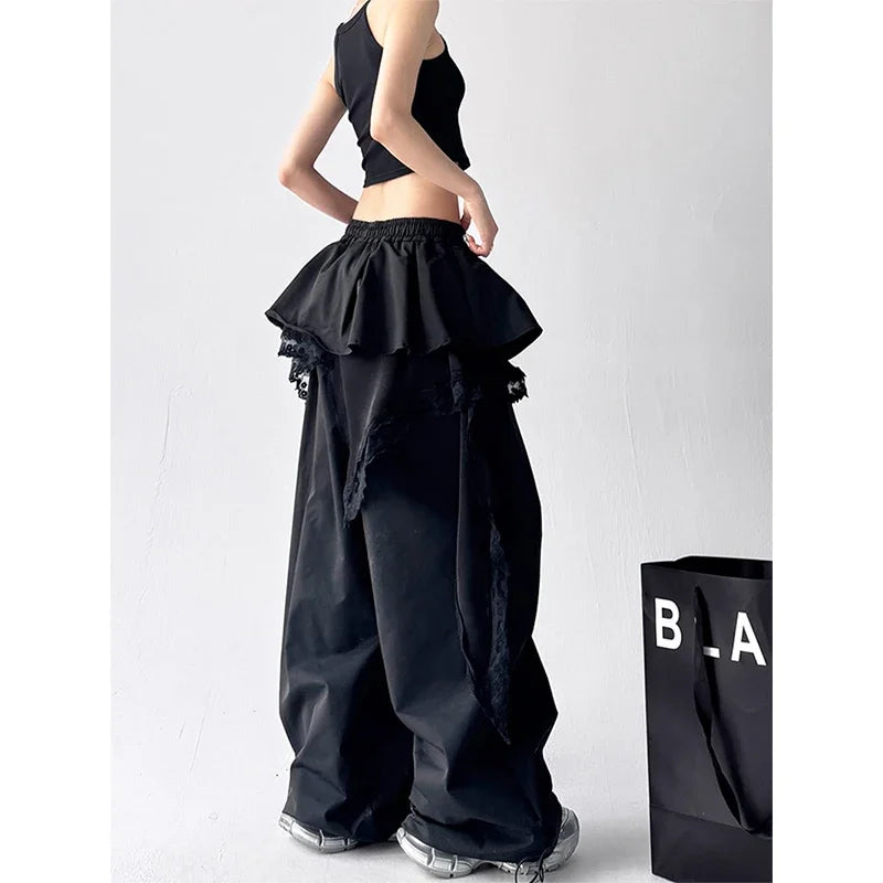 Women's Wide Leg Pants with Layered Lace Trim and Cargo Pockets