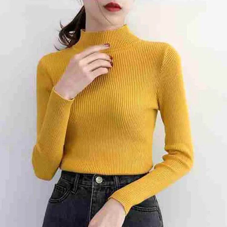 Women's Plain Roll Neck Long Sleeve Sweater Casual Knit Layer