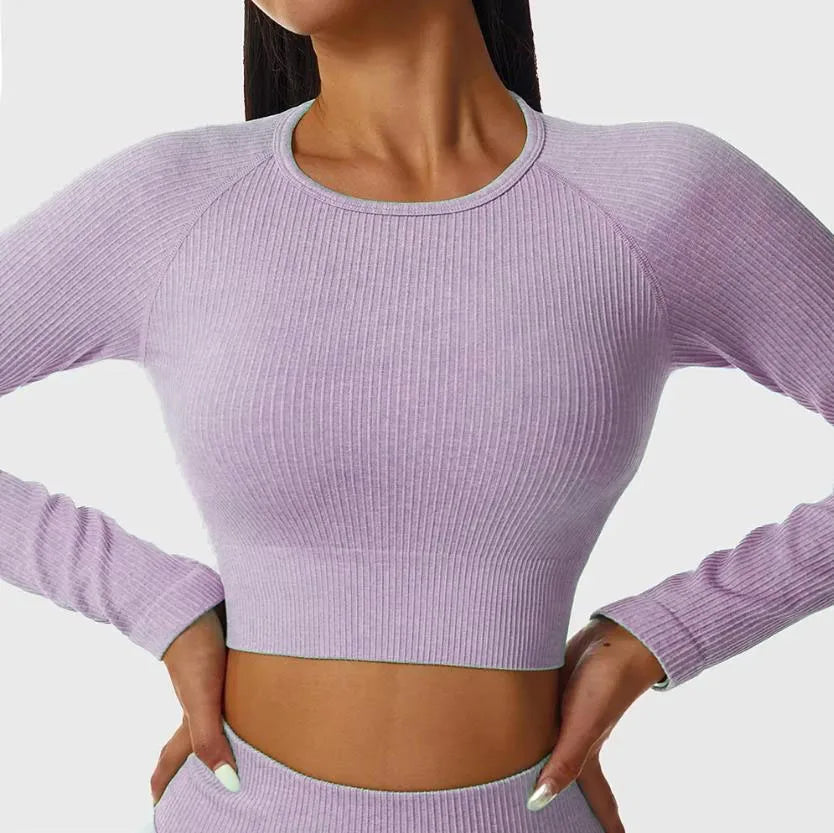 Women's Contrast-Stripe Long-Sleeve Workout Crop Top
