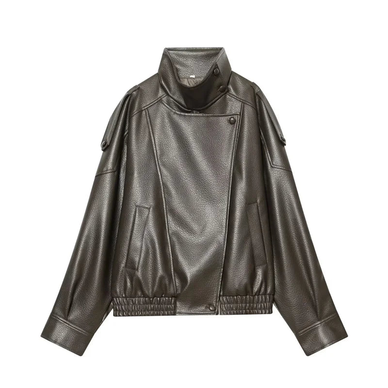Women's Stand Collar Faux Leather Jacket for Layered Outfits