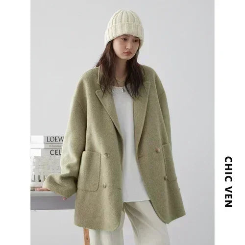 Women's Relaxed Double Breasted Lapel Coat for Layered Outfits