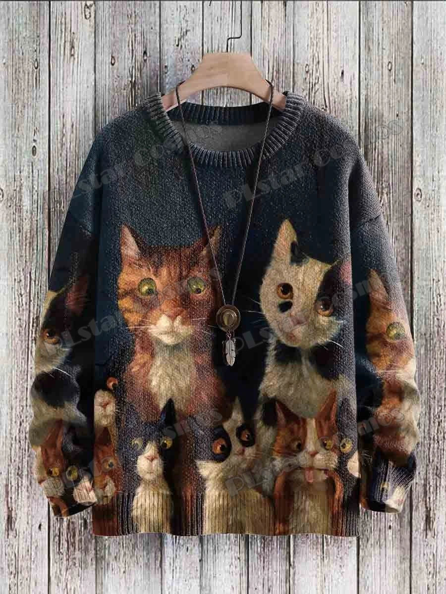 Men's Cat Print Crew Neck Long Sleeve Sweater