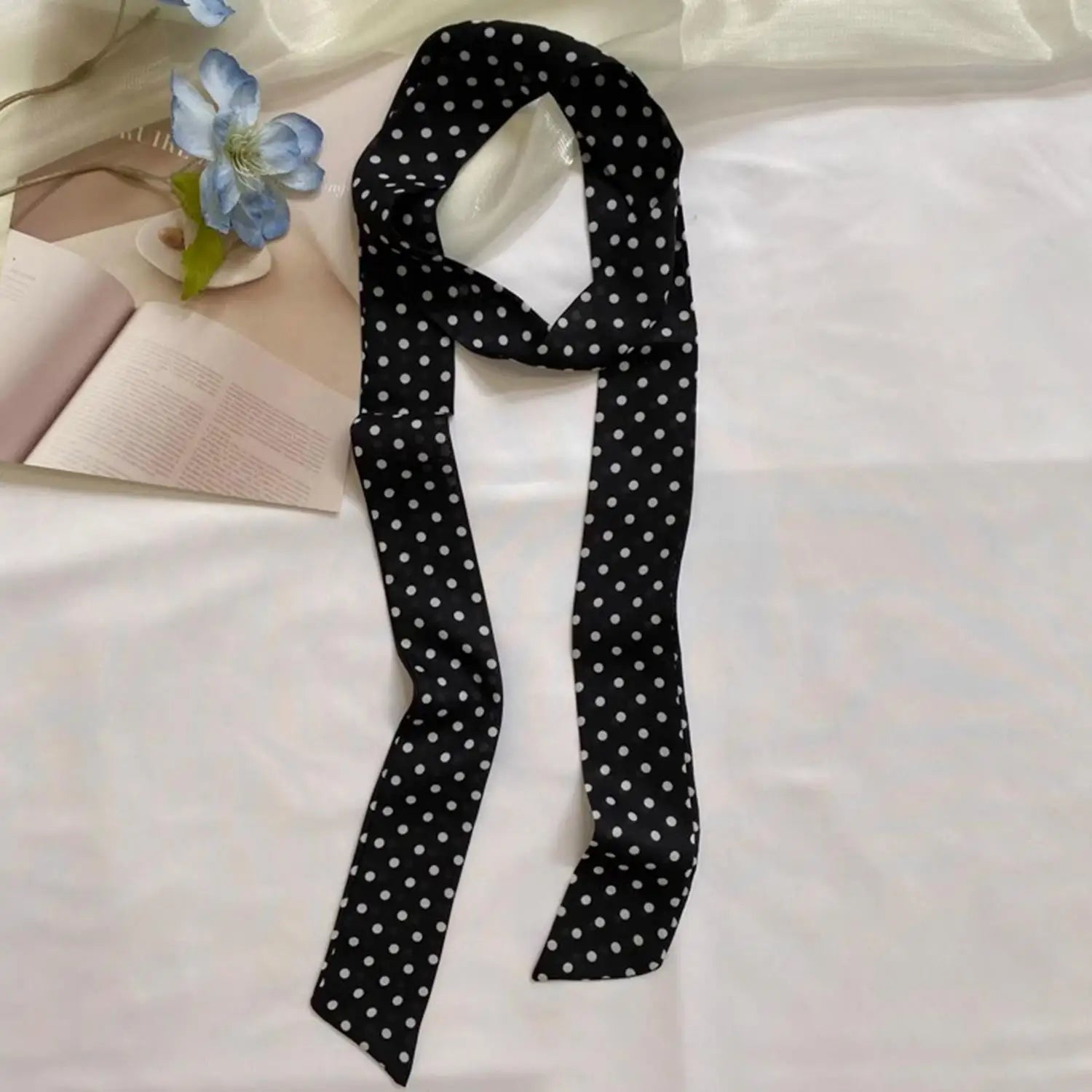 Printed Narrow Long Scarf with Pointed Ribbon Ends