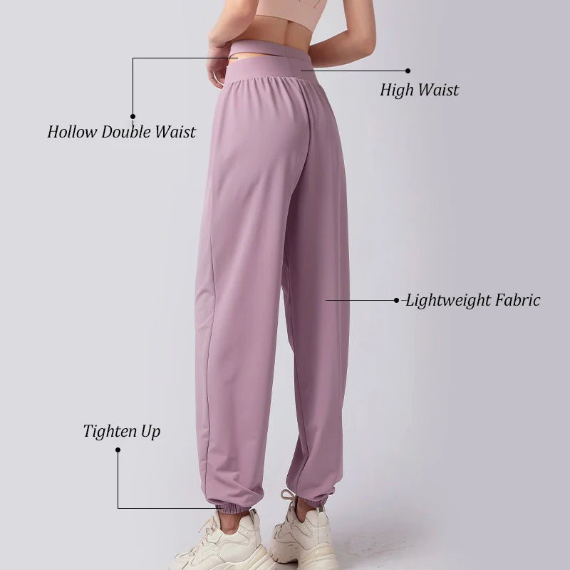 Women's Double Waist Polyester Blend Workout Pants with Cutouts and Cuffed Ankles