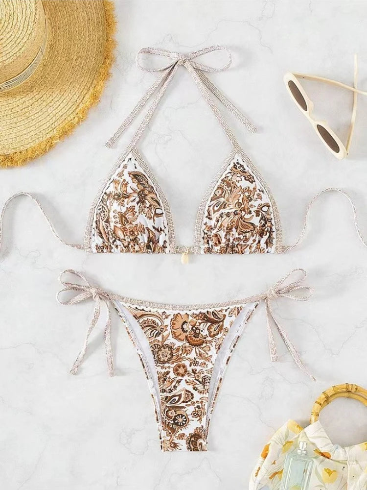 Printed Halter Triangle Bikini