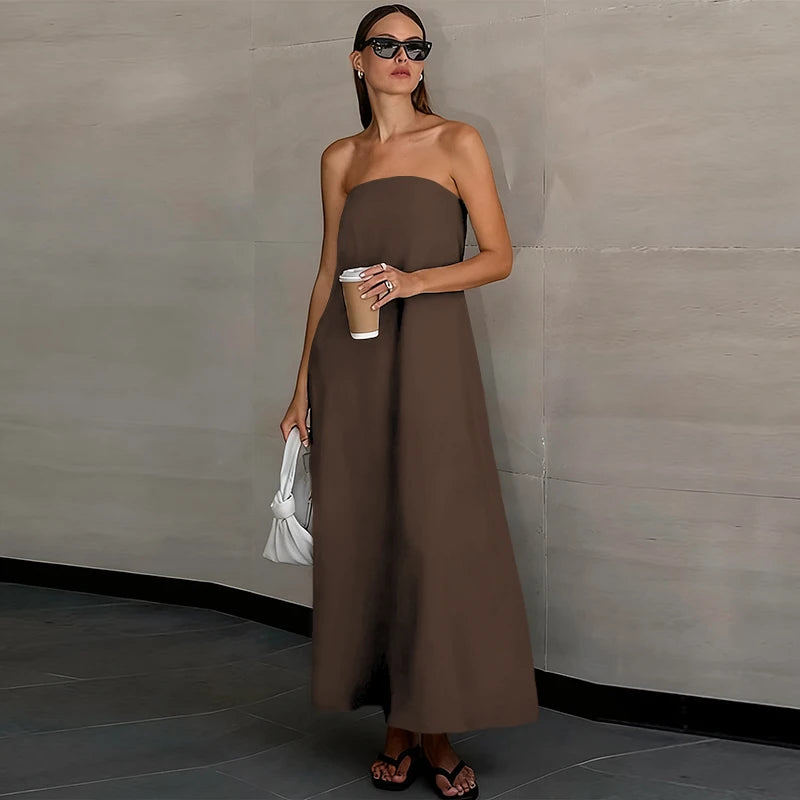 Women's Cotton-Linen Strapless Backless Dress with Zipper Closure for Casual Summer Outfits