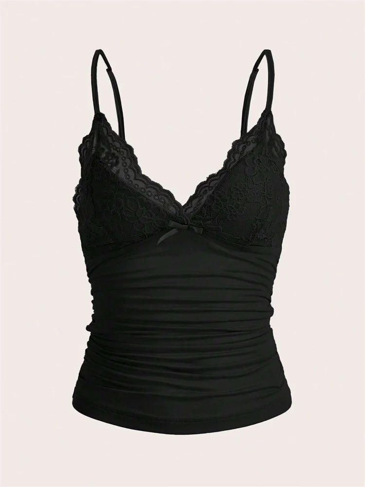 Women's Fitted Camisole with Contrasting Lace Trim and a Bow Detail