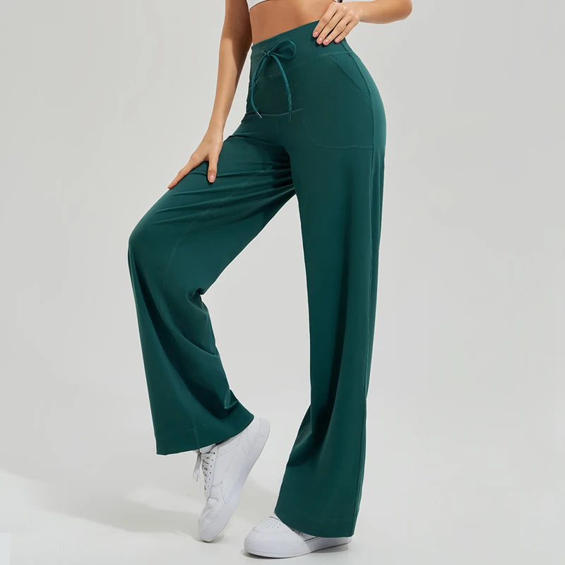 Women's Drawstring Waist Nylon Blend Wide Leg Pants for Yoga Practice