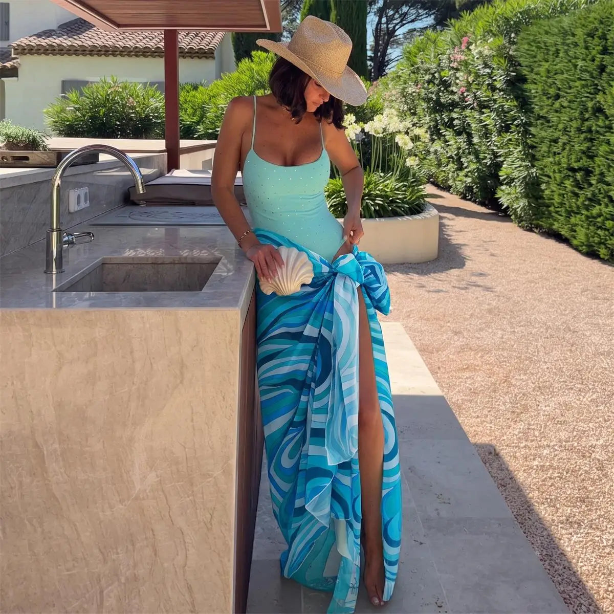 Rhinestone Swimsuit with Lace Cover-Up Pants