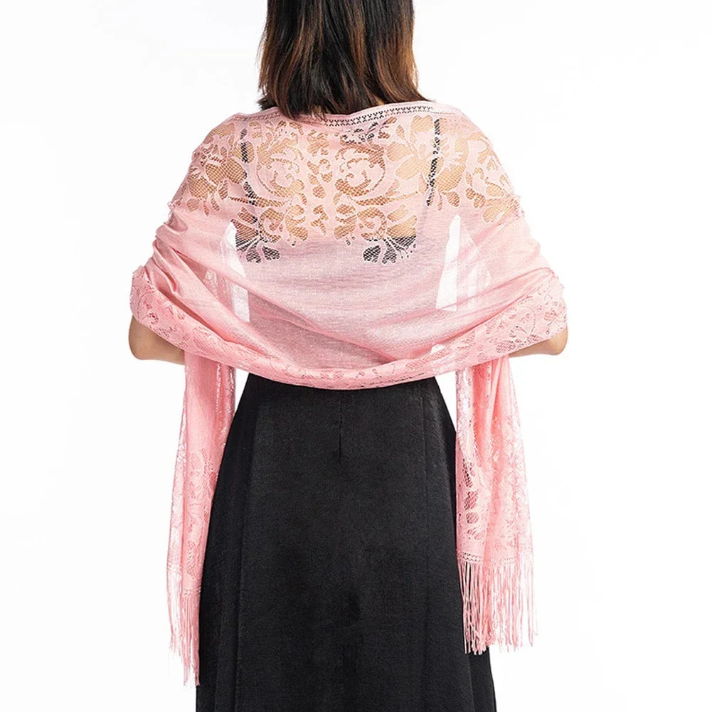 Floral Lace Fringed Wrap Scarf for Layering over Outfits