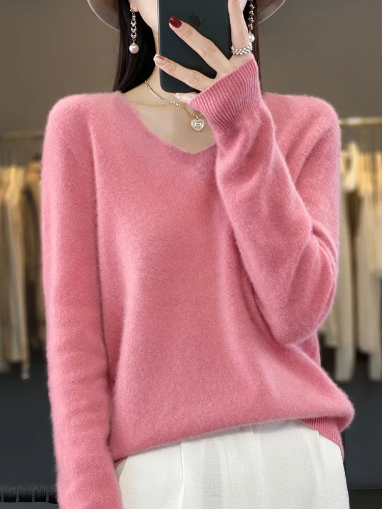 Women's V Neck Long Sleeve Sweater Casual Knit Layer