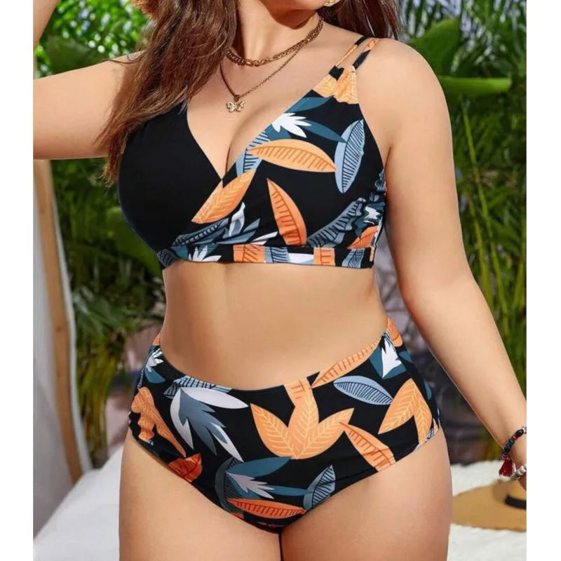 Women's Printed Contrast Panel Top and High Waist Bikini Set