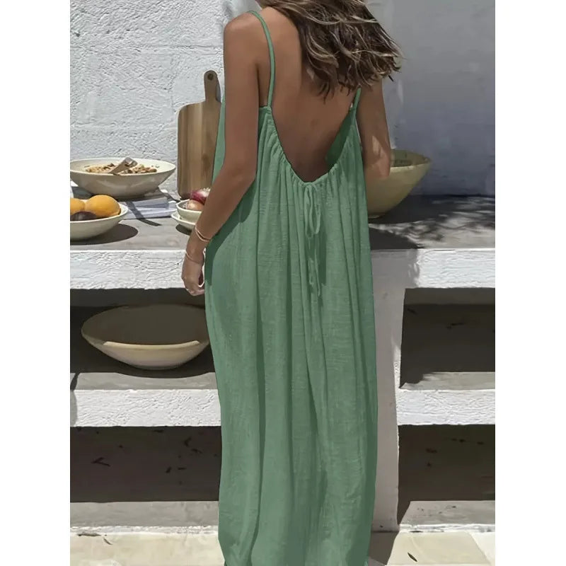 Women's Loose V Neck Spaghetti Strap Maxi Dress For Casual Outfits
