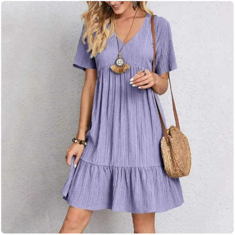 Women's V Neck Short Sleeve Ruffle Mini Dress For Casual Outfits