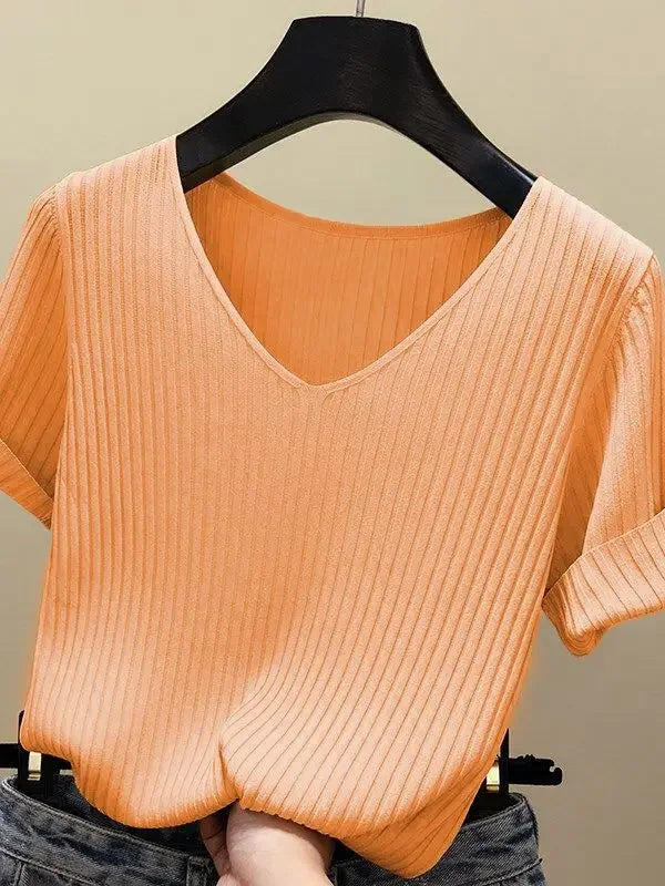 Women's V Neck Short Sleeve Sweater Casual Knit Layer