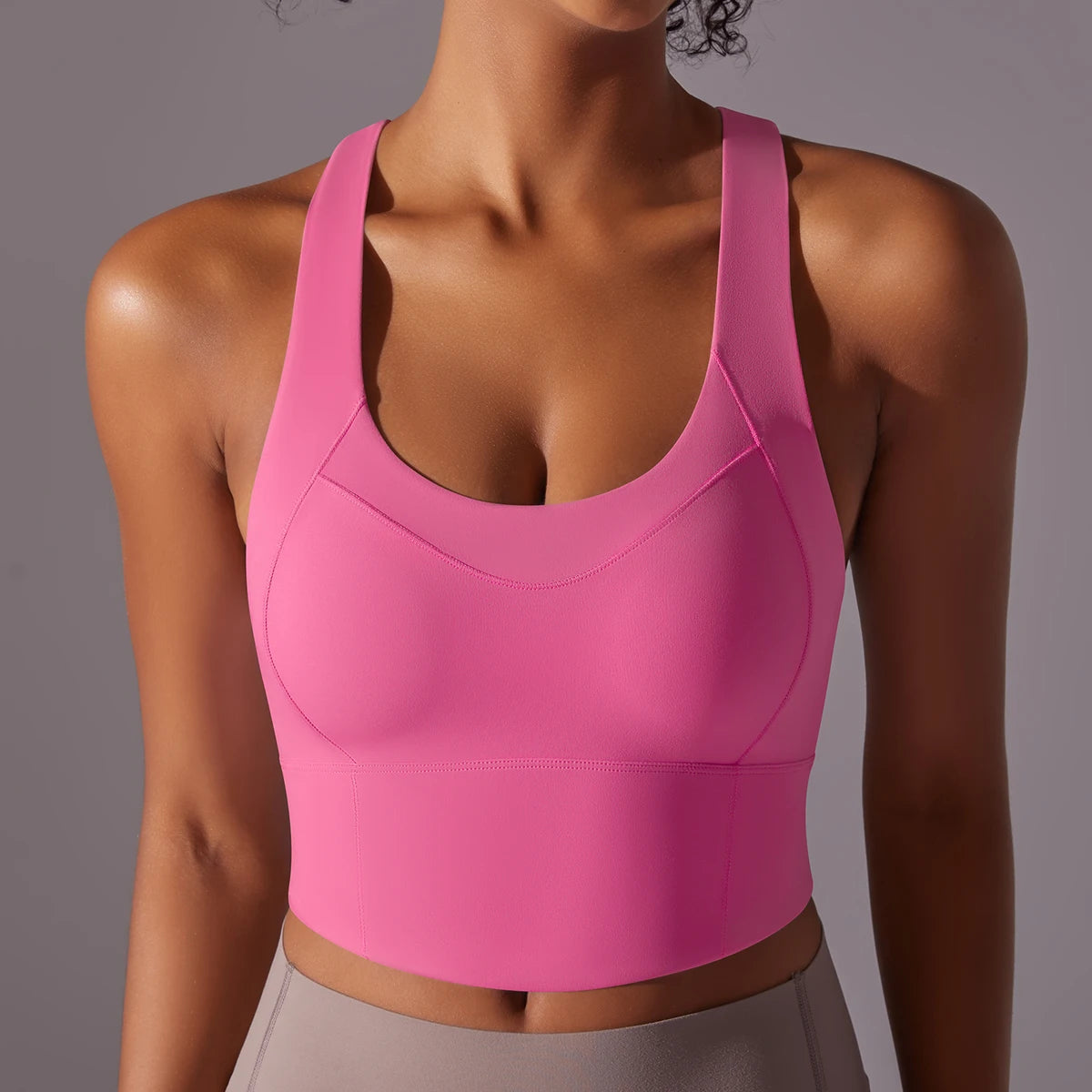 Women's Cross Back Nylon Blend Longline Sports Bra with Scoop Neck