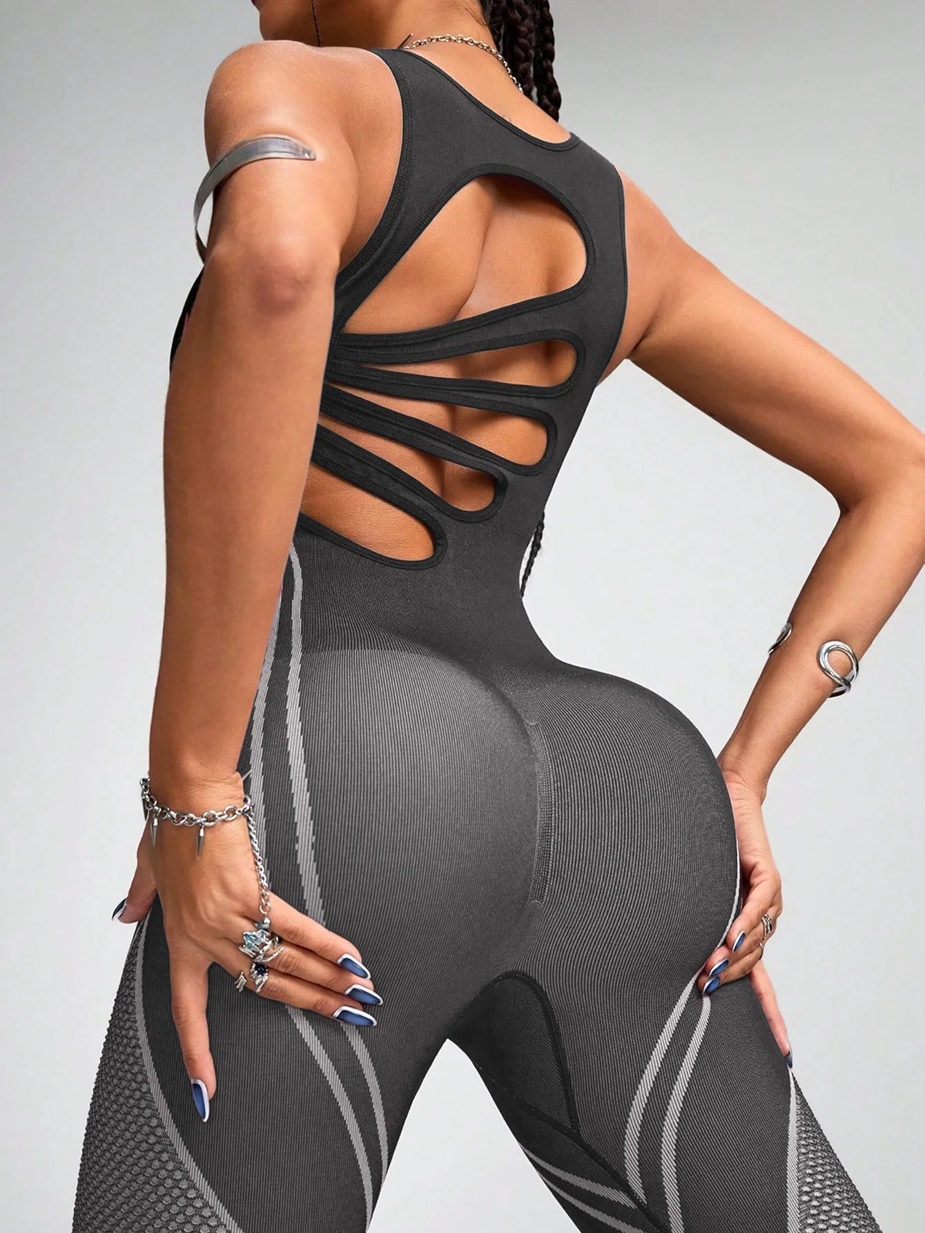 Women's Mesh Inset Nylon Blend Workout Jumpsuit with Contour Seams and Back Cutout
