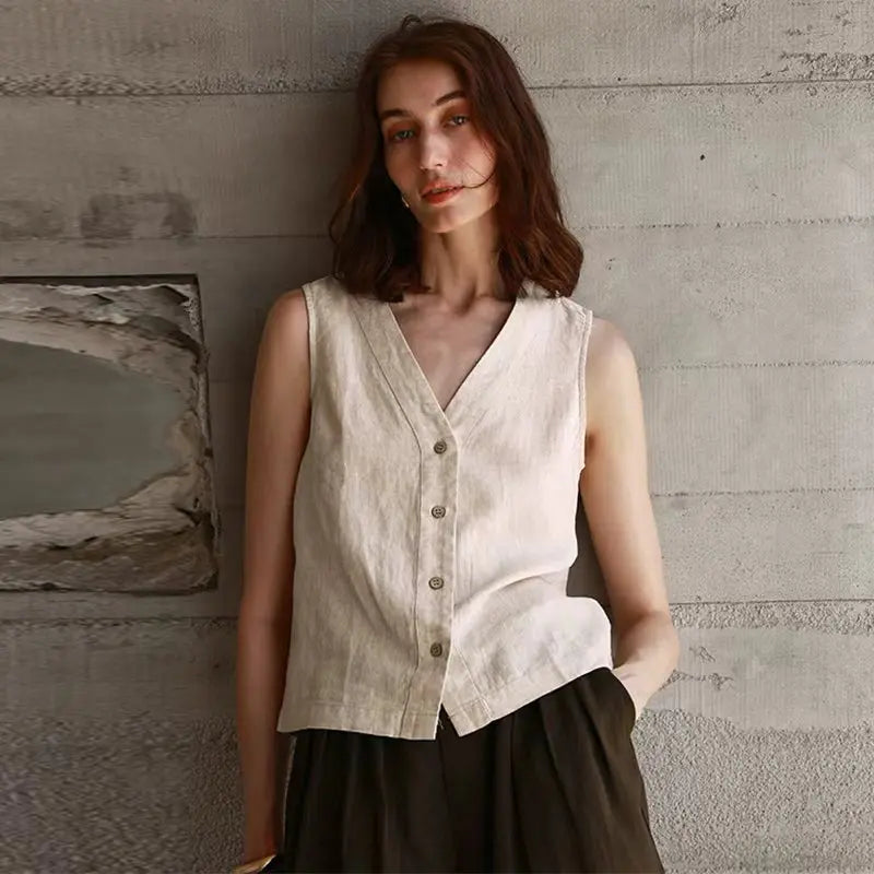 Women's Linen Sleeveless V-Neck Button-Front Vest Top for Casual Summer Everyday Outfits