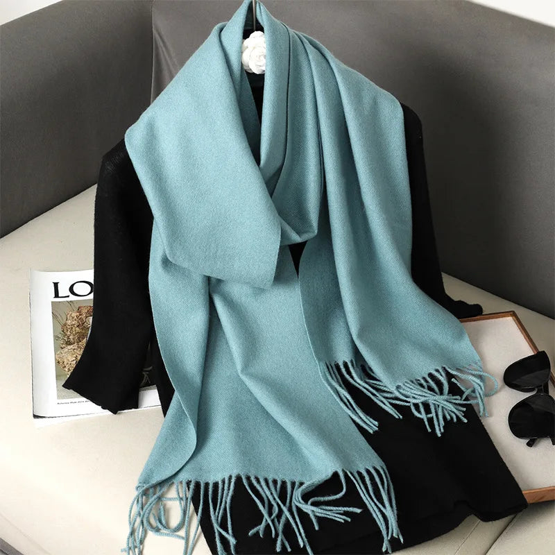 Solid Long Rectangular Scarf with Decorative Fringe Trim