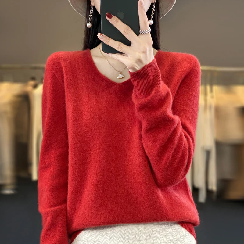Women's V Neck Long Sleeve Sweater Casual Knit Layer