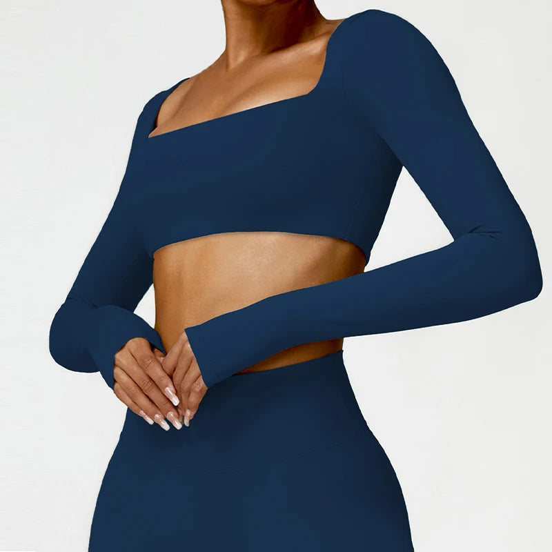 Women's Square Neck Long Sleeve Crop Top For Workout Outfits