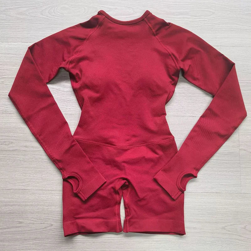 Women's Long Sleeve Nylon Blend Workout Romper with Large Back Cutout