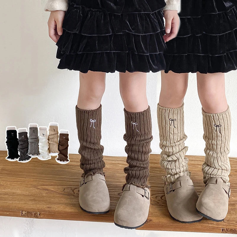Children's Ribbed Leg Warmers with Embroidered Bow and Ruffled Cuffs