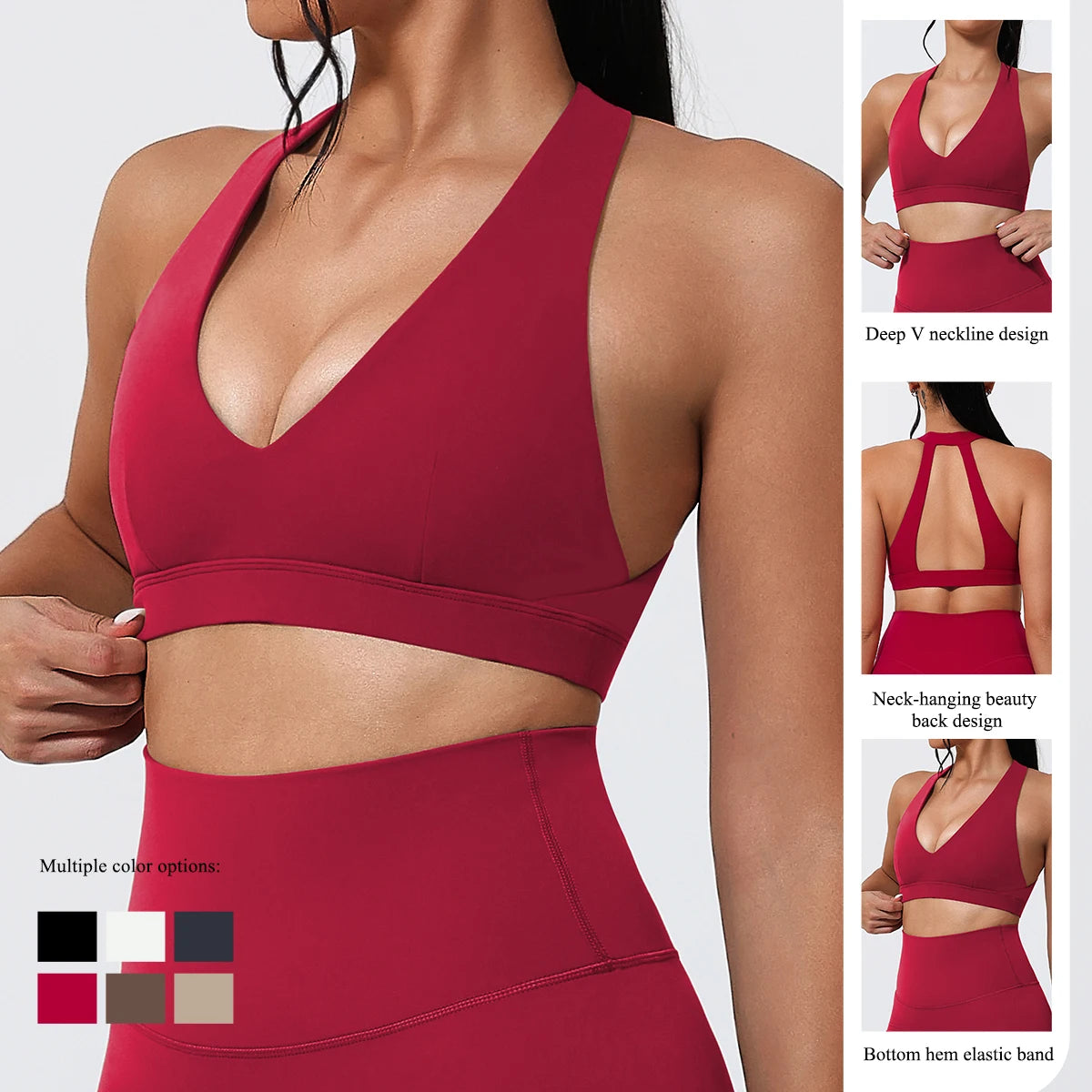 Women's V Neck Halter Sports Bra with Open Back