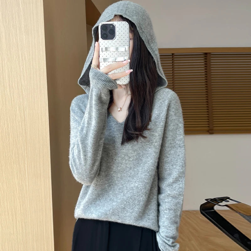 Women's V Neck And Hooded Knit Styles Sweater