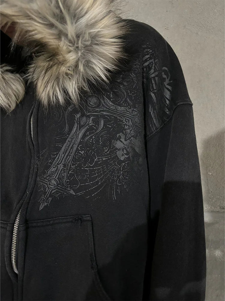 Fluffy Trim Long Sleeve Full Zip Casual Hoodie