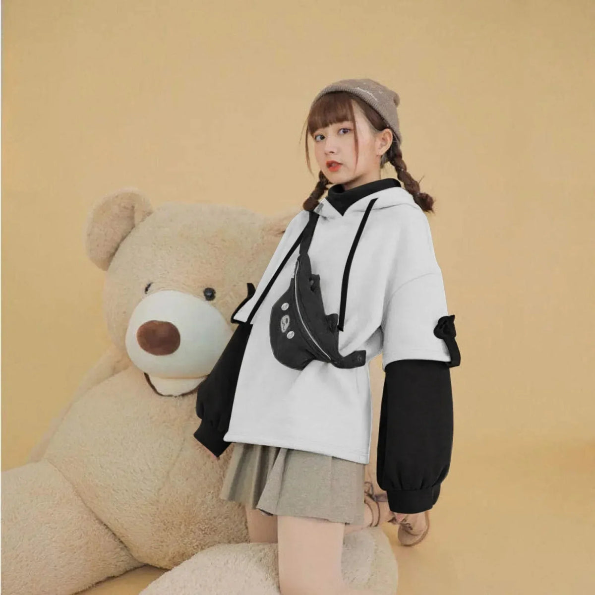 Bear Pouch Long Sleeve Casual Hooded Pullover Sweatshirt for Layering