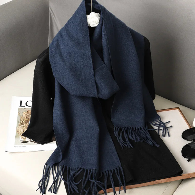 Solid Long Rectangular Scarf with Decorative Fringe Trim