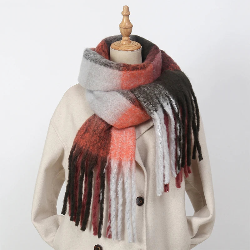 Multicolor Plaid Scarf with Long Shape and Fringed Ends