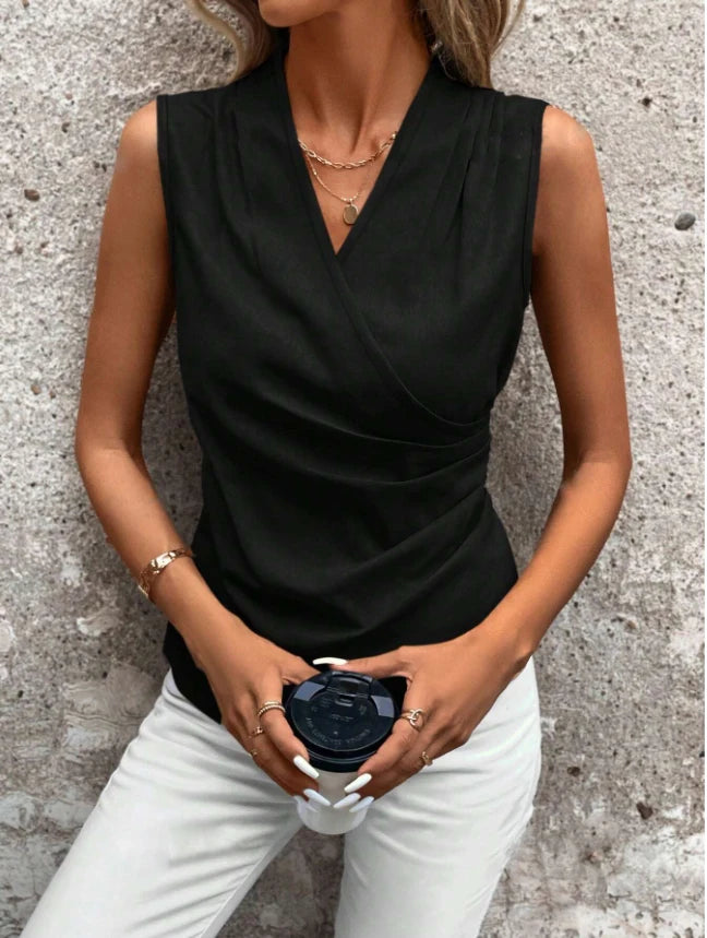 Women's Solid Polyester Wrap Blouse with Side Ruching and an Asymmetric Hem