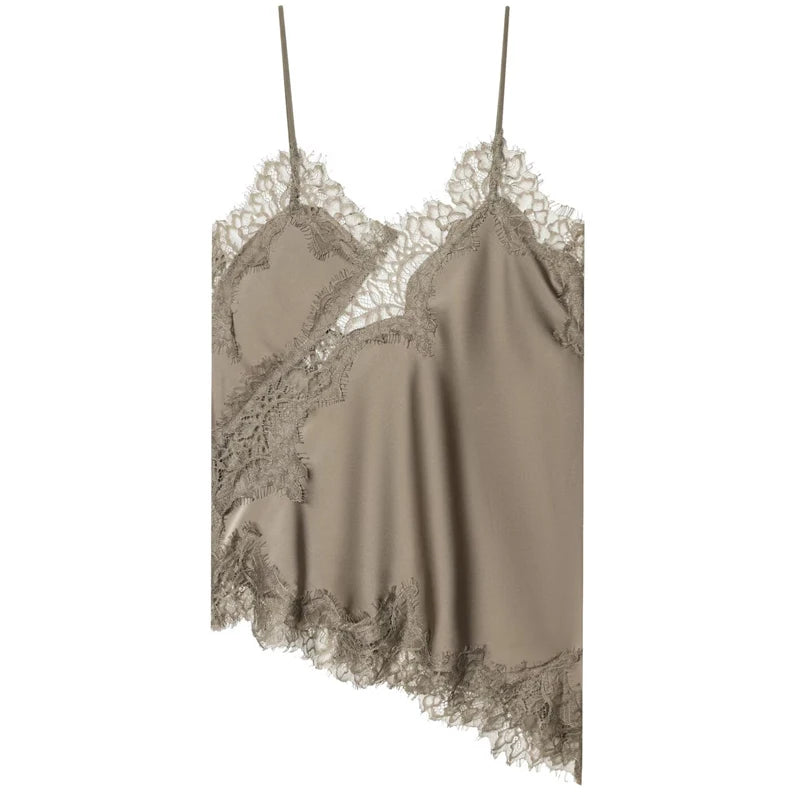 Women's Asymmetric Satin Polyester Camisole with Lace Trim and Thin Straps